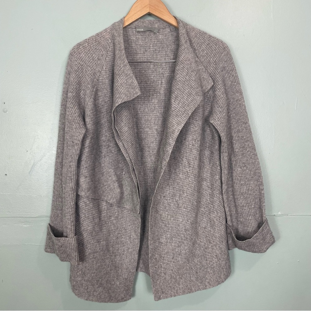 Vince Drape Front Wool Cashmere Cardigan Open Front‎ Gray Women Small Ribbed - Picture 2 of 11